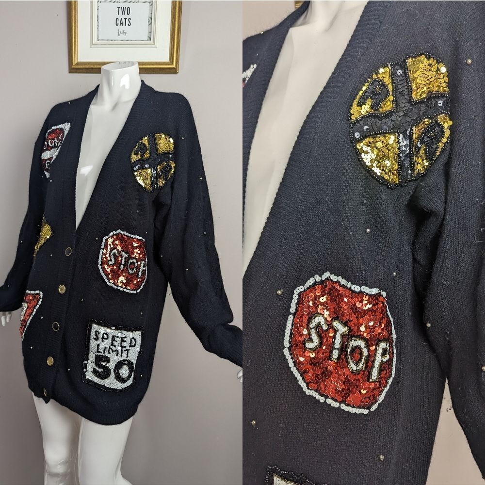 Embellished Traffic Sign Sequin Cardigan - Black